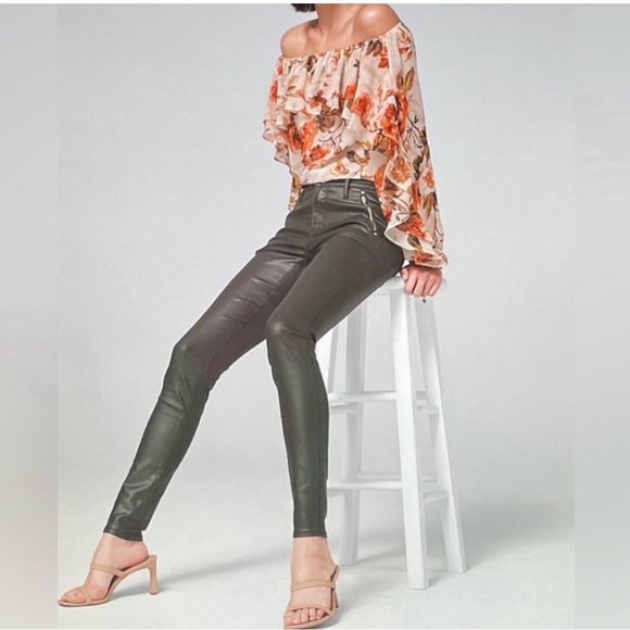 White House Black Market Pants - White House Black Market Dark Green Faux Leather Coated Pants